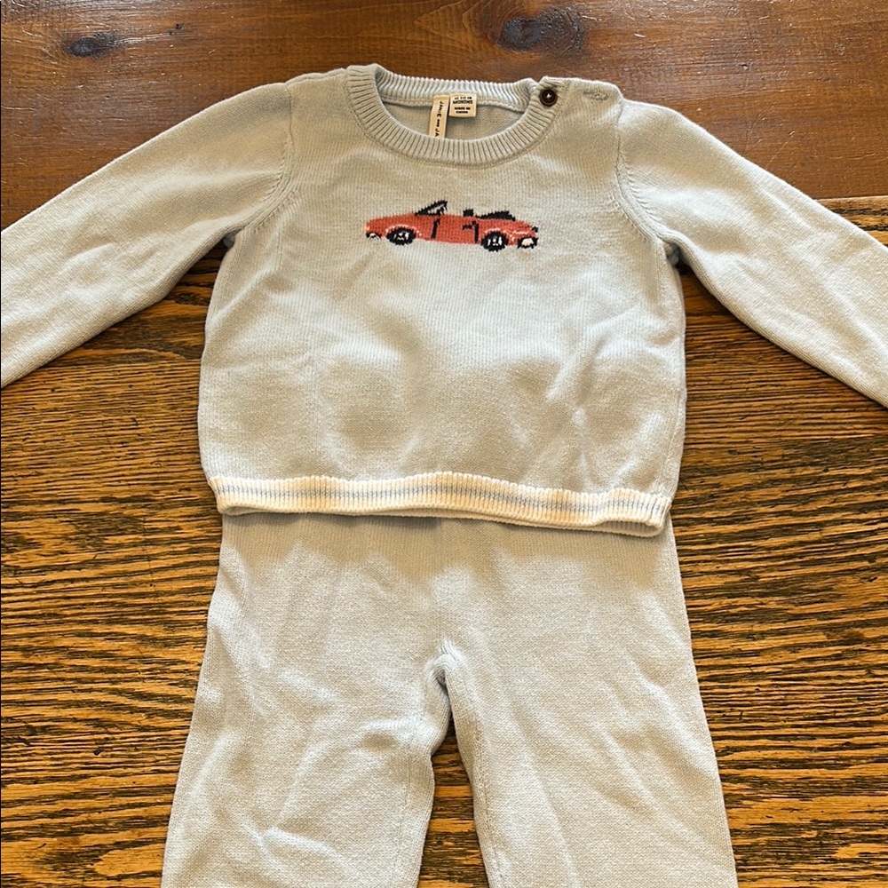 Light Blue Sweater and Pants Set with Red Car Design